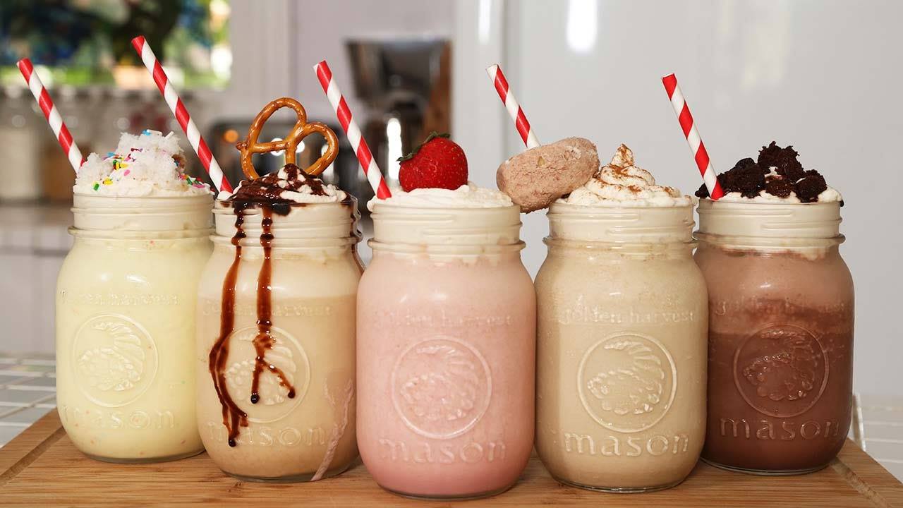 jars of ice cream sodas lined up beside each other