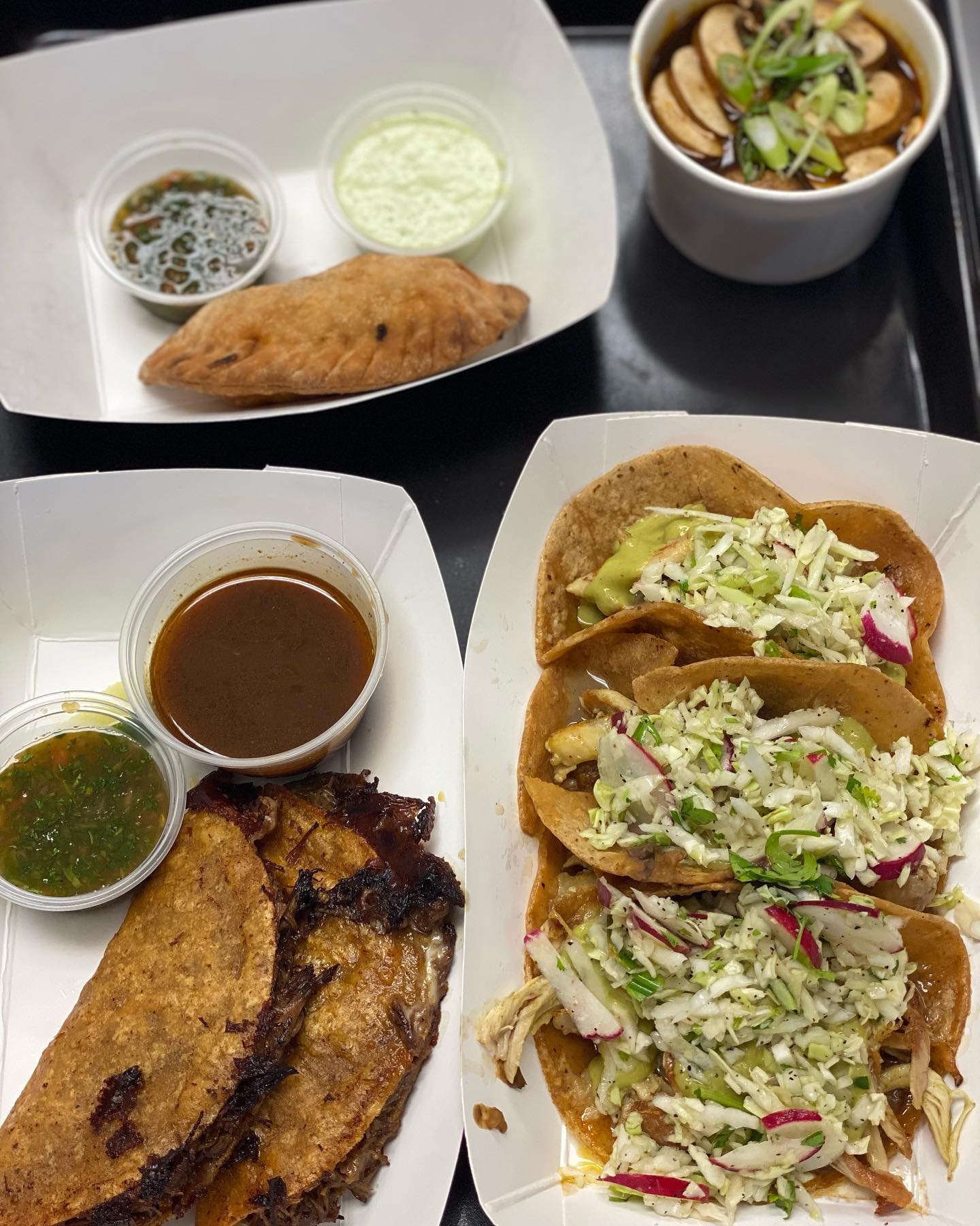 Empanada, Chicken Consommé, Chicken Suiza, and Quesa Birria