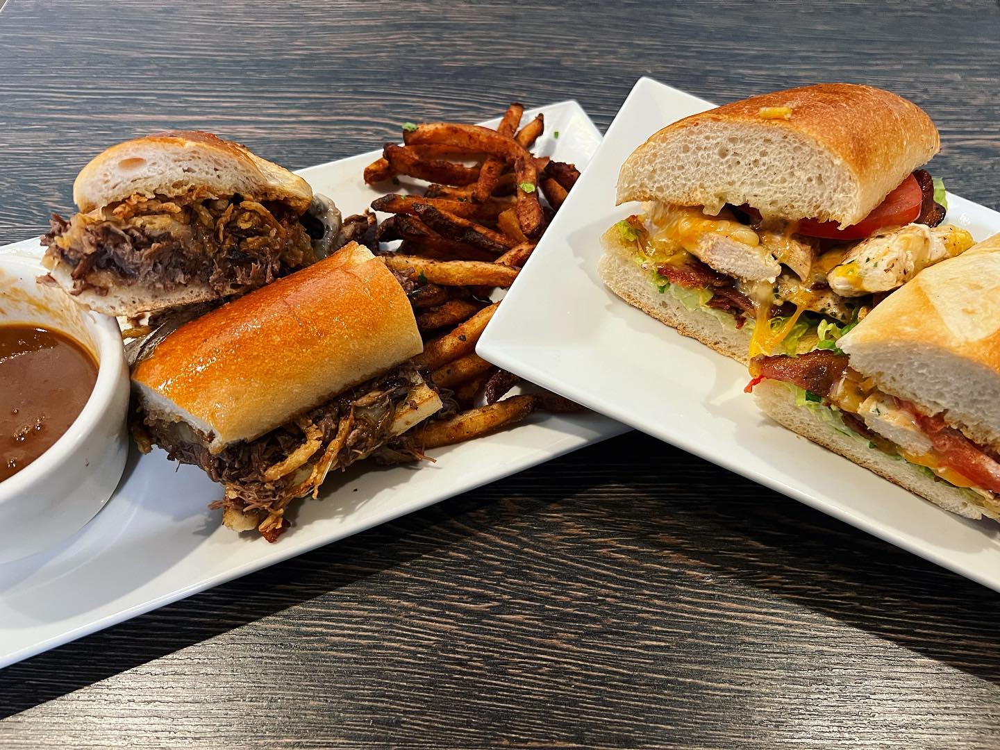 Short Rib Au Jus and Grilled Chicken, Bacon, Ranch sandwiches